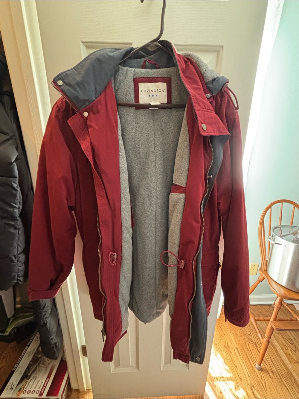 Covington Men's Wine Red Hooded Trench Coat with Gray Lining